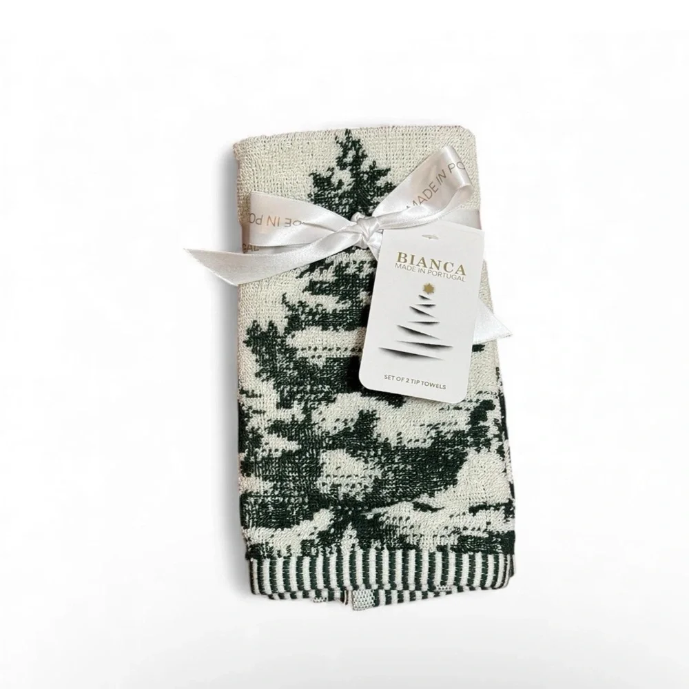 Bianca 2 Pc Fingertip Towels Christmas Tree Holiday Cotton 11x18” Made Portugal